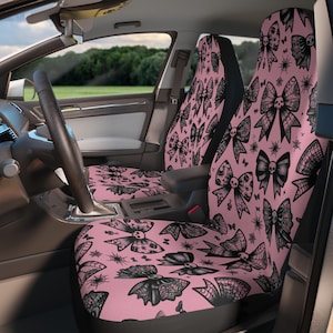 Pink Goth Bows Car Seat Covers, Pastel Goth, Skull Bows, Gift for Her - Alternative: Cute Car Accessories, Gothic Car Decor, Unique decor