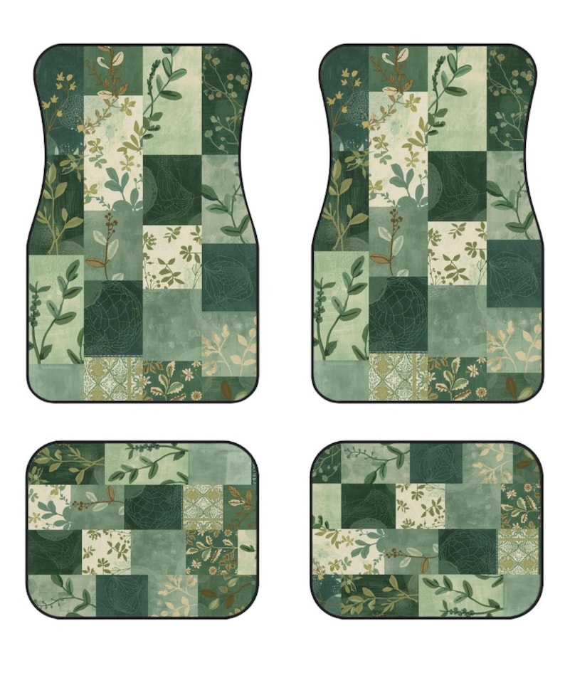 May include: A set of four car floor mats featuring a patchwork design in various shades of green. The pattern consists of rectangular blocks displaying botanical illustrations of leaves, branches, and subtle geometric textures with black borders.