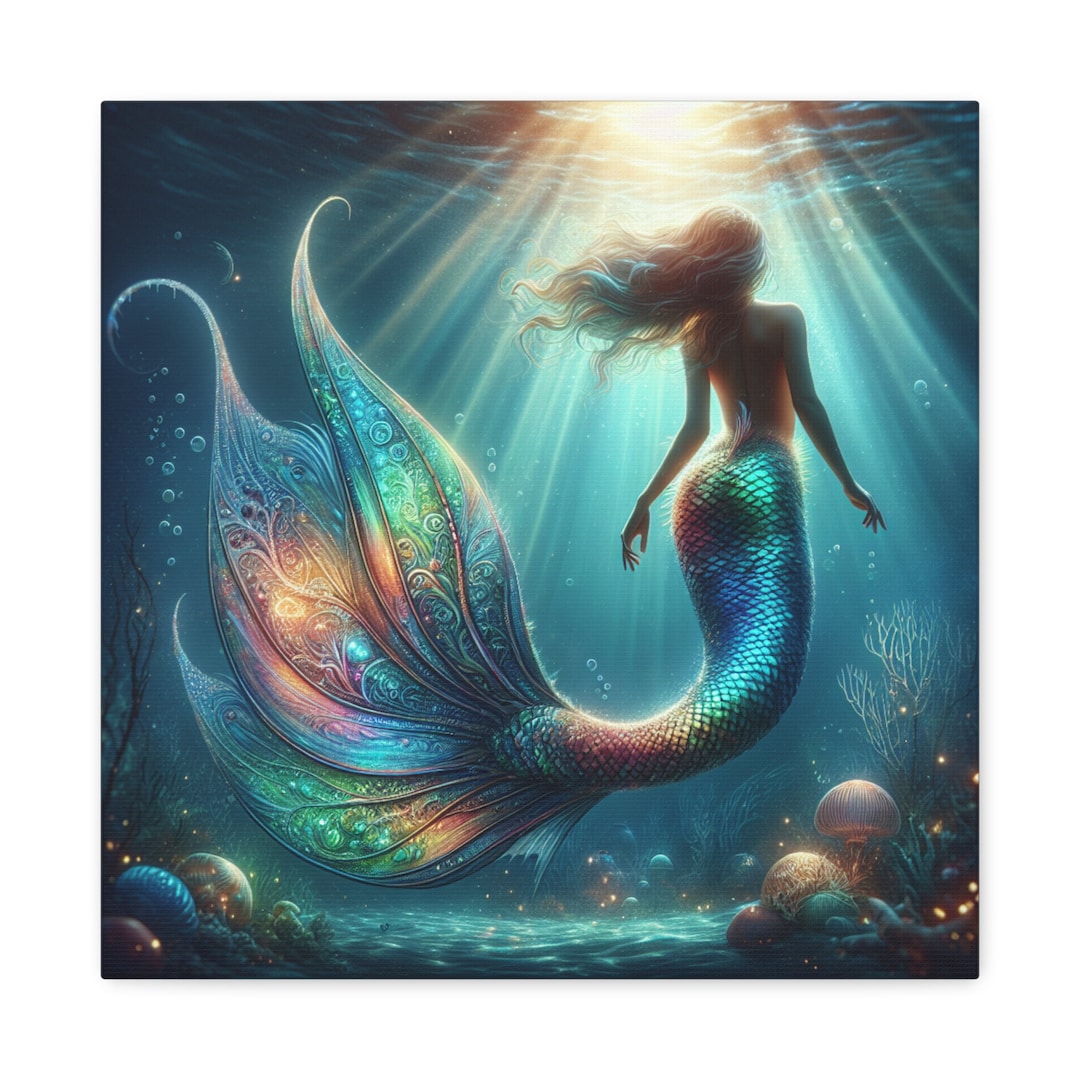 Mermaid Canvas Wall Art Mermaid Art Print Ocean Painting Beach House 