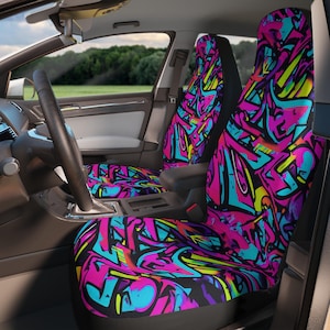 80&#39;s Graffiti Car Seat Covers: Funky Neon Auto Decor, Road Trip Essential