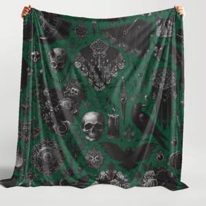 Emerald Green Goth Velveteen Blanket: Crow, Rose & Skulls