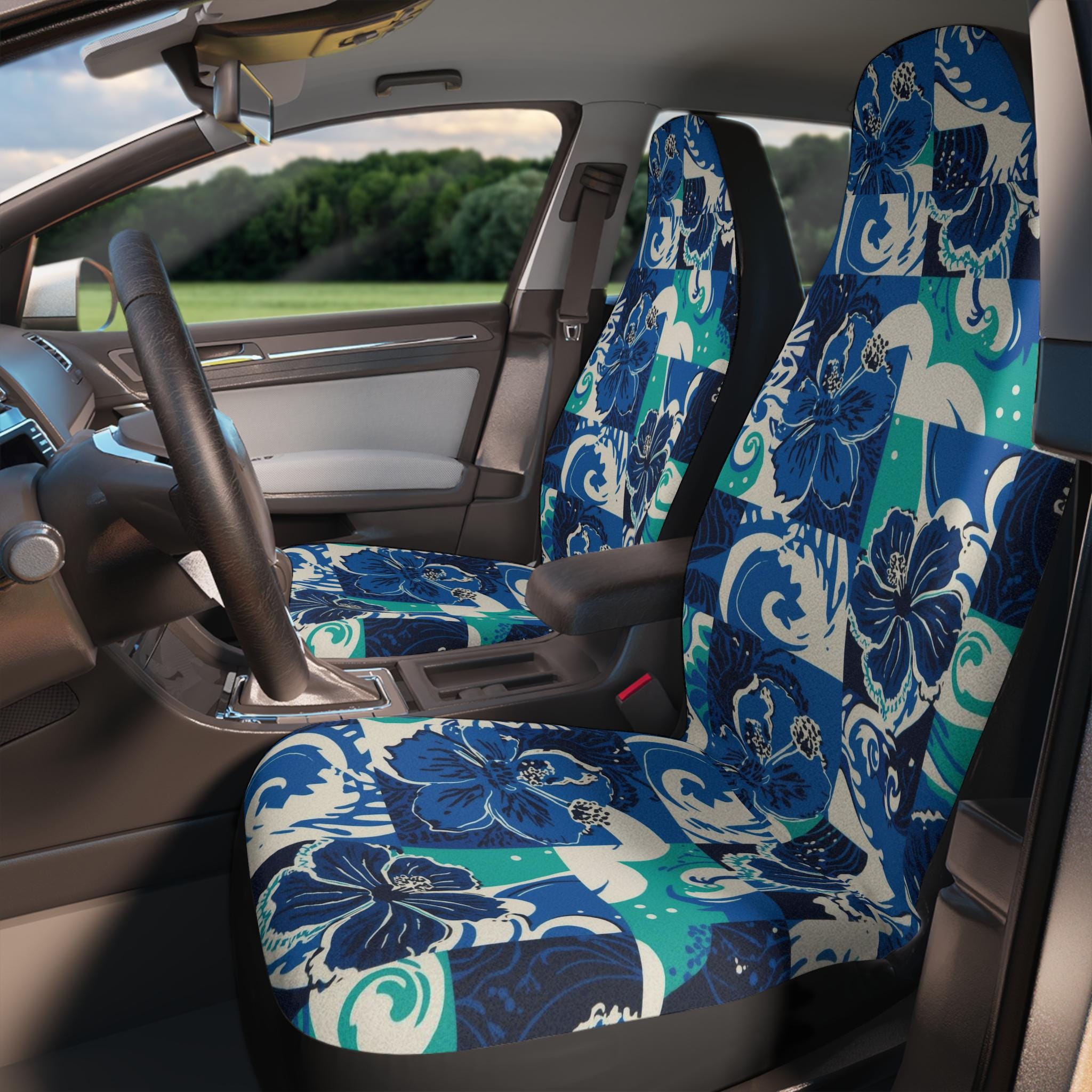 BDK USA Blue Hawaiian Flower Steering Wheel Cover With 2 Seat Belt Pads – Black