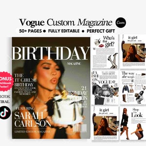 以下が含まれることがあります： Birthday Magazineというタイトルのデジタル雑誌テンプレート。ケーキを持つ人物が写る表紙と、ファッション写真、記事、スタイルガイドが掲載された複数の内ページレイアウトが、モノクロの美学で構成されています。