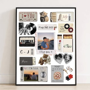 Könnte beinhalten: Ein gerahmter Collage-Druck mit verschiedenen Elementen, darunter ein Nummernschild mit der Aufschrift I LOVE YOU, eine Schallplatte, eine Kassette, ein Polaroid-Foto eines Paares, eine Streichholzschachtel mit dem Text Italy, ein herzförmiges Medaillon, Würfel und eine Digitalkamera.