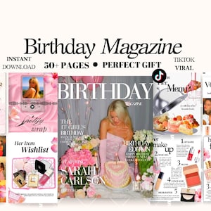 Könnte beinhalten: Eine digitale Geburtstag-Magazin-Vorlage mit über 50 Seiten, einschließlich Abschnitten für Wunschlisten, Beauty-Favoriten und Fotocollagen. Das Design verwendet eine Farbpalette in Rosa und Weiß mit Text wie Birthday Magazine.