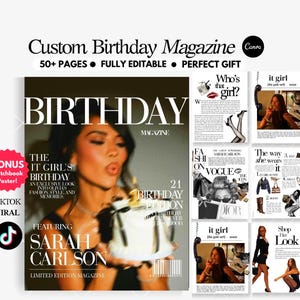 Könnte beinhalten: Eine personalisierte Geburtstag-Magazinvorlage mit einem Cover, das eine Person mit einer Torte zeigt, betitelt BIRTHDAY MAGAZINE, 21 BIRTHDAY EDITION, FEATURING SARAH CARLSON. Enthält Innenseiten mit Texten wie Who's that girl?, it girl, FASHION VOGUE und Shop Her Look.