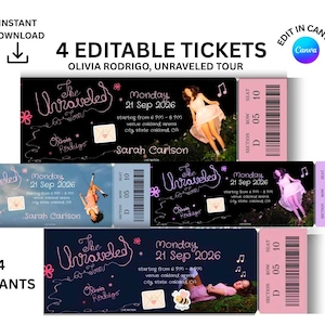 May include: Four editable concert ticket templates for the Olivia Rodrigo Unraveled Tour. Each ticket features the text The Unraveled Tour, Monday 21 Sep 2026, and venue details. Designs include various color schemes, photos of a person, and barcodes.