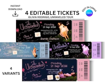 May include: Four editable concert ticket templates for the Olivia Rodrigo Unraveled Tour. Each ticket features the text The Unraveled Tour, Monday 21 Sep 2026, and venue details. Designs include various colour schemes, photos of a person, and barcodes.