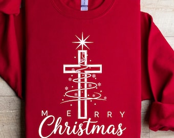 Christian Christmas Sweatshirt, Jesus Cross Tree Hoodie, Holiday Church Gift
