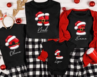 Personalized Santa Initial Family Christmas Shirts, Buffalo Plaid Matching Pajamas, Family Christmas Name T-Shirts