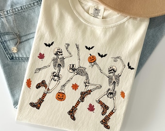 Skeleton Dancing Halloween Tee Shirt, Comfort Colors® Dancing Skeleton Shirt, Pumpkin Tees