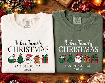 Christmas Family Matching Shirts, Custom Last Name Tees, Santa Gingerbread Man Group Comfort Colors® T-Shirts