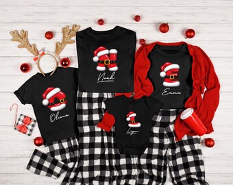 Personalized Santa Initial Family Christmas Shirts, Buffalo Plaid Matching Pajamas, Family Christmas Name T-Shirts