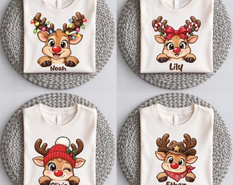 Reindeer Family Christmas Shirt, Name Matching Family Tee, Holiday Custom Christmas TShirt