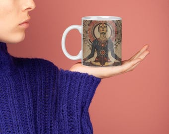 Keramische mok mediterende yogi-vrouw: koffiekopje zen