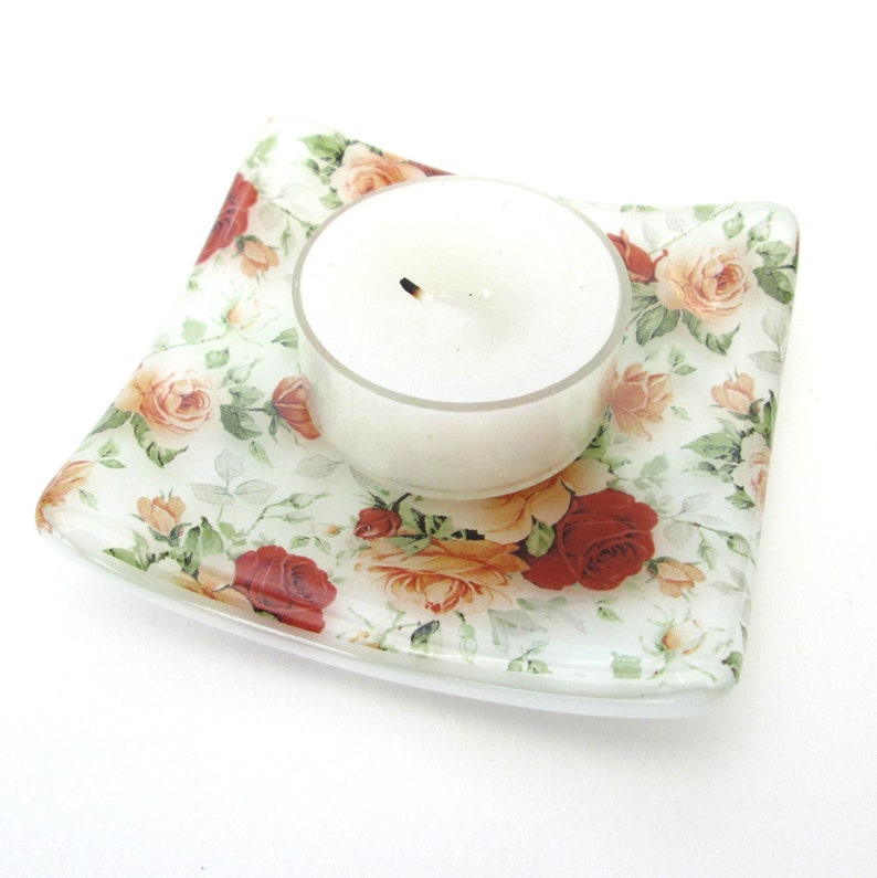 change holder shallow glass bowl spoon rest jewelry tray tealight holder candle dish teabag saucer Roses design glass trinket dish