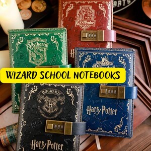 May include: Four different Harry Potter themed notebooks with a lock and key. The notebooks are green, red, blue, and black. Each notebook has a different Hogwarts house crest on the front. The text on the notebooks reads "Gryffindor", "Slytherin", "Hogwarts", and "Harry Potter".