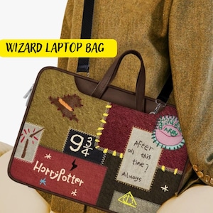 May include: A laptop bag with a patchwork design featuring the text "Harry Potter" and the number "9 3/4". The bag has a brown handle and a black shoulder strap. The text "Wizard Laptop Bag" is in a yellow box.