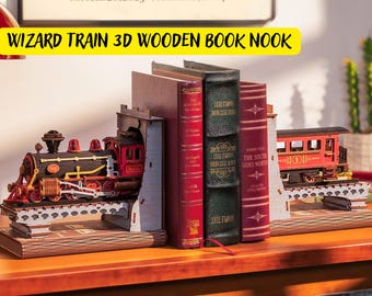 DIY Wizard Train Book Nook Craft Kit, Split Wooden Train Bookshelf Insert, Wizard School Train Express 3D Wooden Book Nook, Hogwarts Express