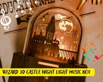 Magic School Castle Night Light Music Box, Hogwarts Musical Box Night Light, 3D Wooden Castle Night Lamp Glass Dome, Potter Home Decor