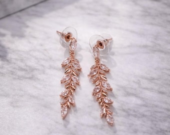 Leaf Pedal Cubic Zirconia Longer Earrings, Gold Silver Rose gold Bridal Jewelry