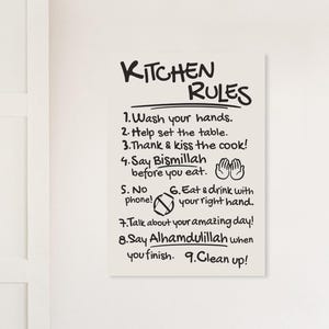 Islamic Wall Art: Kitchen Rules Poster, Muslim Dining Decor, Printed On Thick Paper