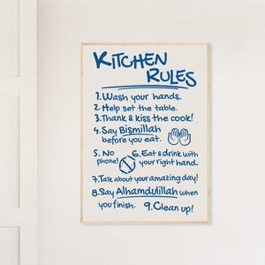 Muslim Kitchen Rules Poster: Islamic Dining Decor, Blue Framed Art