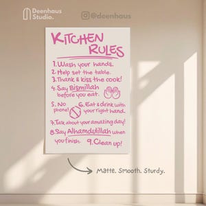 Pink Islamic Wall Art: Kitchen Rules Poster, Muslim Dining Decor, Printed On Thick Paper