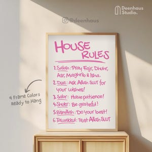 Pink Muslim Wall Art: House Rules Poster, Islamic Home Decor, Framed Poster