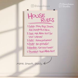 Pink Islamic Wall Art: House Rules Poster, Muslim Home Decor, Printed On Thick Paper