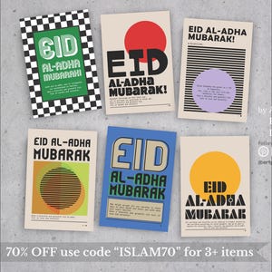 Conjunto de 6 cartões comemorativos EID AL-ADHA Mubarak | Download digital para impressão Cartão comemorativo Eid Mubarak moderno de meados do século McM