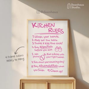 Pink Kitchen Rules Poster: Muslim Home Decor, Framed Art