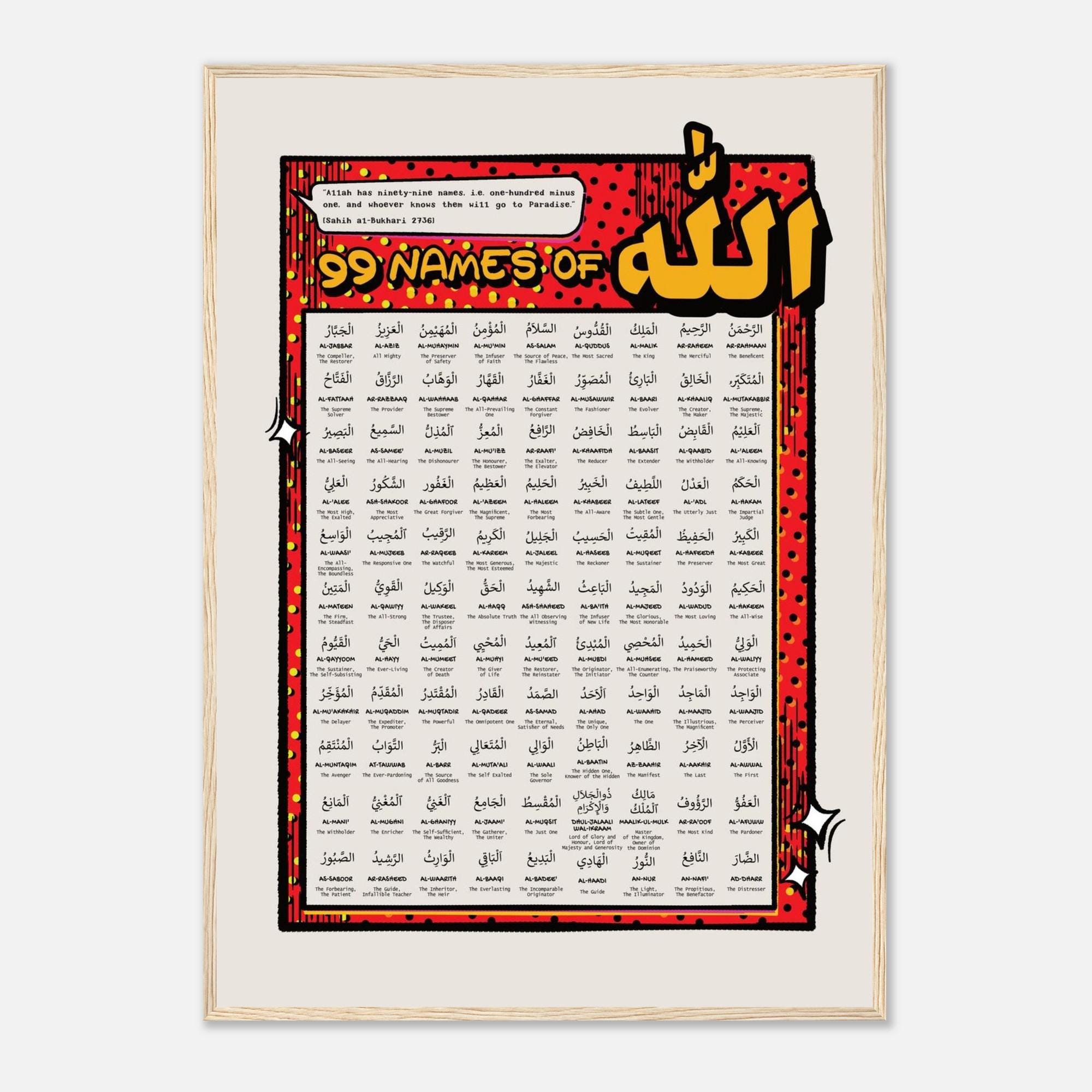 99 Names of Allah Poster: Islamic Art Print, Retro Comic Style, Wooden ...