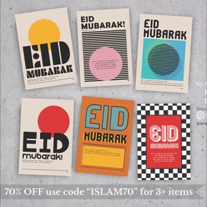 Conjunto de 6 cartões de felicitações EID MUBARAK | Download digital para impressão Cartões de felicitações Eid Mubarak Eid modernos MCM Midcentury Modern Retro Vintage