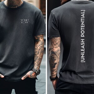 May include: A black t-shirt with a white graphic on the front that says "TW", and a white graphic on the back that says "[UNLEASH POTENTIAL]".