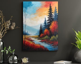 Colorful Autumn Landscape Print – Forest River Mountain Wall Art – Fall Nature Digital Download