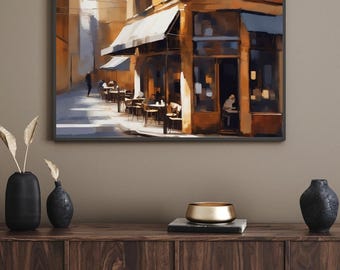 Stampa di una scena di strada di un caffè europeo / Arte impressionista di una caffetteria (download digitale)