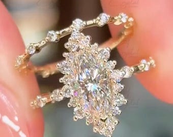 2.0 CT Marquise Moissanite Engagement Ring and Wedding Ring Set Marquise Bridal Set Art Deco Anniversary Ring Yellow Gold Ring For Women