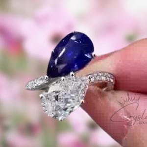 2.55 Ct pear blue sapphire engagement ring vintage antique inspired ring toi et moi wedding moissanite ring two stone ring For Women