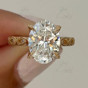 Unique Vintage Oval Moissanite Ring Bridal Solid Gold Art Deco Milgrain Filigree Band Classic Wedding Diamond Oval Ring Engagement Ring