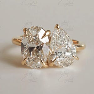 Toi Et Moi Moissanite Ring Pear and Oval Cut Two Stone Engagement Ring Real 14K Solid Gold Double Stone Ring Wedding Rings for Women