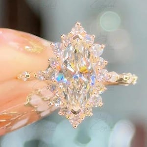 Marquise Moissanite Halo Ring: Vintage Art Deco 14K Yellow Gold