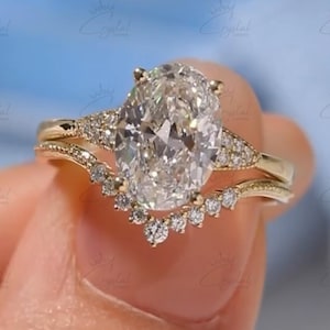 Unique Floral Inspired Leaf Ring 4 CT Oval Cut Moissanite Engagement Ring Set Yellow Gold Diamond Ring Set Promise Ring Art Deco Bridal Set