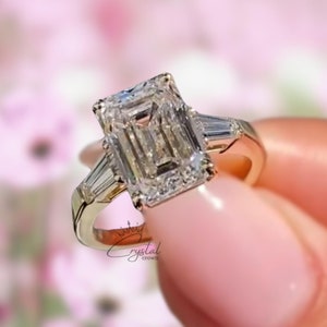 Emerald Cut Three Stone Ring, 3.00 CT Emerald Cut Colorless Moissanite Engagement Ring Side Tapered Baguette Cut, Proposal Anniversary Gift