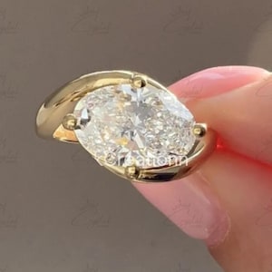 East West Oval Moissanite Engagement Ring: 14k Gold Curve Wedding Band