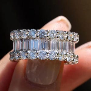 Baguette And Round Cut Moissanite Wedding Band Full Eternity Baguette Cut Wedding Band Unique Stacking Ring Wedding Engagement Ring