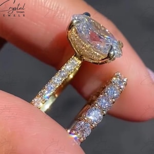 3 Ct Oval Cut Moissanite Wedding Ring Set, Moissanite Engagement Ring Set, Unique Bridal Set, Art Deco Matching Bands, 14k Solid Gold Ring