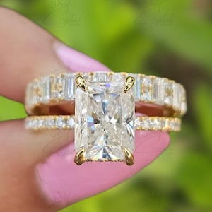 3 Ct Radiant Cut Engagement Ring set Radiant Solitaire Ring Wedding Ring Set Stacking Ring Emerald Diamond Half Eternity Band Bridal Set