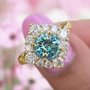 2ct Cyan Blue Portuguese Cut Moissanite Ring Antique Diamond Engagement Ring Solitaire Wedding Ring 14K Solid Gold Anniversary Ring For Her