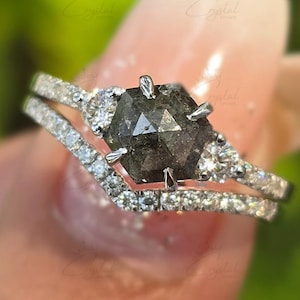 Raw Diamond Hexagon Cut Diamond Ring Salt and Pepper Unique Engagement Ring Rose Cut Geometric Diamond Ring 14k Solid Gold Wedding ring